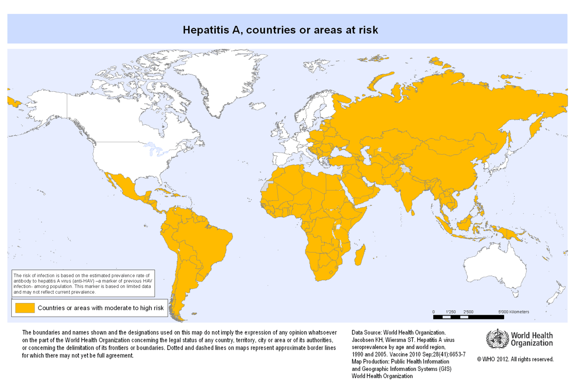 An image showing world map highlighting the countries with moderate to high risk of Hepatitis A 